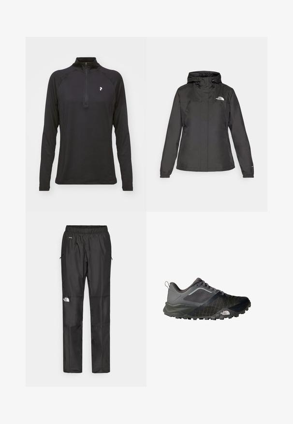 Melna ūdensizturīga jaka ar pieguļošu dizainu, regulējamu kapuci ar stringa aizdari un elastīgām aprocēm. Iekļauj logotipu kreisajā krūtī un gludu tekstūru.; Melna garas piedurknes ceturtdaļas rāvējslēdzēja krekls ar gludu tekstūru un pieguļošu dizainu. Iezīmējas ar raglāna piedurknēm un mazu baltu logotipu uz krūtīm.; Melnas ūdensnecaurlaidīgas bikses, kas izgatavotas no viegla materiāla, ar elastīgu jostu, sānu kabatām un logotipu uz kreisās kājas.; Jauktas skriešanas apavi tumši pelēkā krāsā ar melniem akcentiem, ar sieta augšdaļu, teksturētu zoli un izteiksmīgu logotipu sānos.