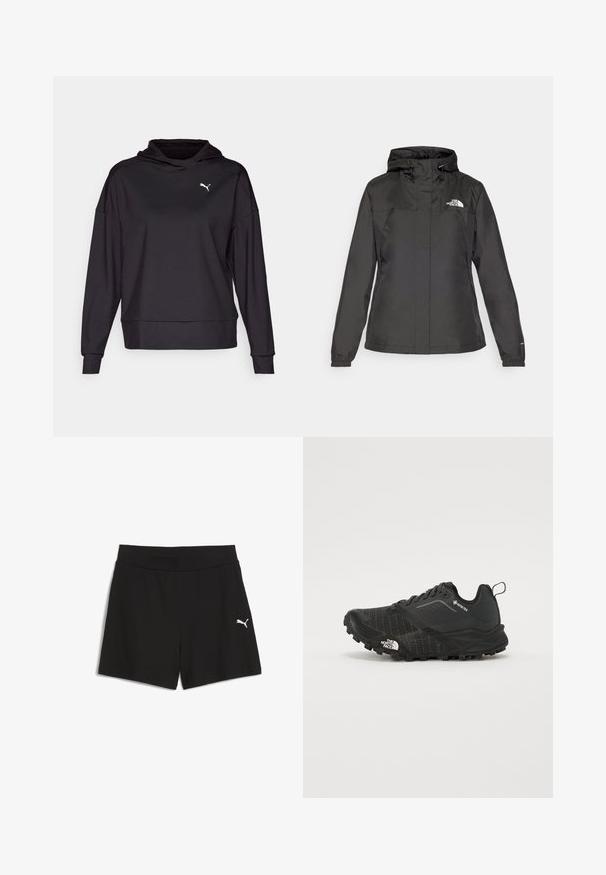 Čierna nepremokavá bunda s priliehavým strihom, nastaviteľnou kapucňou na šnúrku a elastickými manžetami. Obsahuje logo na ľavej hrudi a hladký povrch.; Čierna mikina s kapucňou vyrobená z hladkej tkaniny. Má dlhé rukávy, voľný strih a malé biele logo na hornom ľavom prsníku.; Čierne šortky vyrobené z rebrovanej tkaniny, s širokým elastickým pásom a malým bielym logom Puma na dolnej ľavej strane.; Čierna atletická obuv s textúrovaným zvrškom, šnúrkami a gumovou podrážkou. Má vystužený pätu a logo na boku.