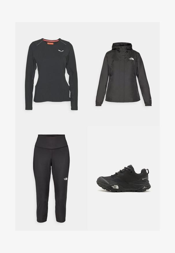 Crna vodootporna jakna s uskim krojem, podesivim kapuljačom s vezicom i elastičnim manžetama. Sadrži logo na lijevoj strani prsnog koša i glatku teksturu.; Salewa PEDROC DRY TEE W. - Top dugih rukava - black out; Crne capri tajice izrađene od rastezljivog materijala, s visokim strukom i malim bijelim logotipom s lijeve strane. Glatka tekstura.; Crne planinarske cipele s teksturiranim gornjim dijelom, zatvaranjem na vezivanje i debelim gumenim potplatom koji sadrži istaknuti logo na strani i uzorke na gaznom sloju.