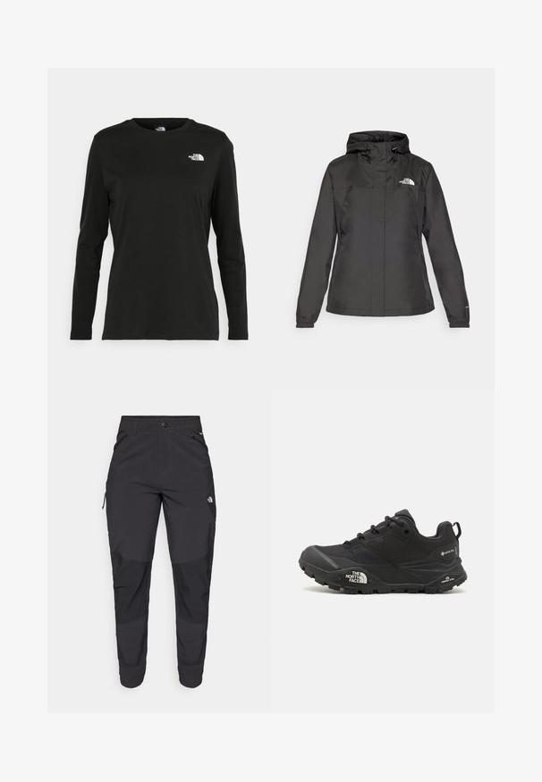 Schwarze wasserdichte Jacke mit figurschmeichelndem Design, verstellbarem Zugkordel-Kapuzen und elastischen Bündchen. Mit Logo auf der linken Brust und glatter Textur.; Schwarzes Langarm-T-Shirt aus Baumwolle mit Rundhalsausschnitt. Verfügt über ein kleines weißes Logo auf der linken Brustseite. Einfaches Design und Passform.; Schwarze Outdoor-Hosen aus strapazierfähigem Material. Verfügen über Reißverschlusstaschen, verstärkte Knieeinsätze und ein gerades Design für Beweglichkeit.; Schwarzer Wanderschuh mit einer strukturierten Oberfläche, Schnürverschluss und einer massiven Gummisohle, die auf der Seite ein ausgeprägtes Logo sowie Profilmuster zeigt.