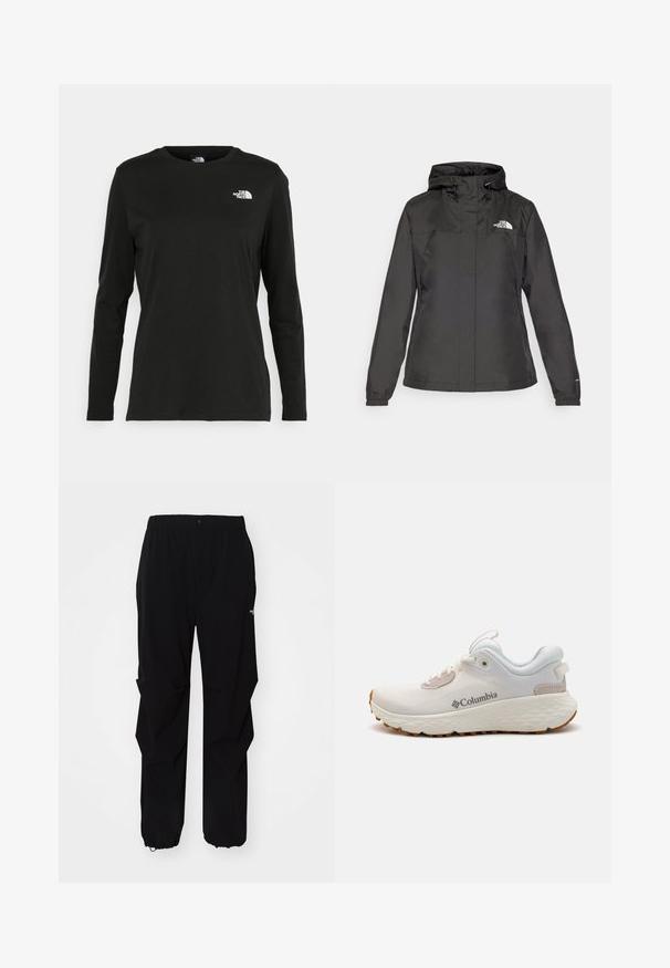 Black waterproof jacket with a fitted design, adjustable drawstring hood, and elastic cuffs. Features logo on left chest and smooth texture.; Black long-sleeve t-shirt made of cotton with a round neck. Features a small white logo on the left chest area. Simple design and fit.; Black outdoor pants made from durable material, featuring a relaxed fit, elastic waistband, and cinched cuffs for adjustable length.; Lightweight Columbia athletic shoe in white mesh with a textured gray sole and rubber traction. Features a padded collar and lace-up design.