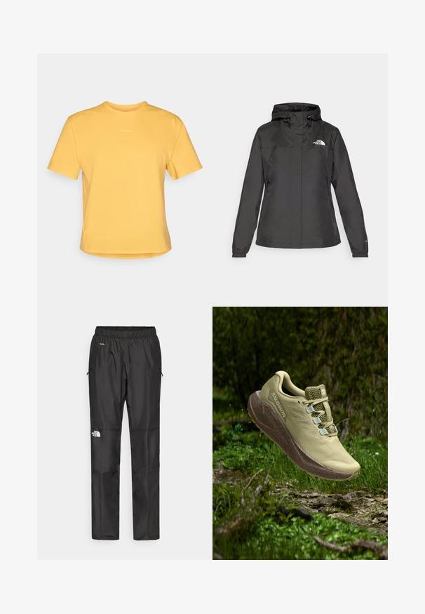 Black waterproof jacket with a fitted design, adjustable drawstring hood, and elastic cuffs. Features logo on left chest and smooth texture.; Yellow short-sleeve T-shirt with a round neckline, made of soft fabric. Features a subtle logo at the chest and a straight hem.; Black waterproof pants made from lightweight fabric, featuring an elastic waistband, side pockets, and a logo on the left leg.; Light green trail running shoe with textured mesh upper, reflective accents, and a cushioned outsole. Floating above a grassy terrain.