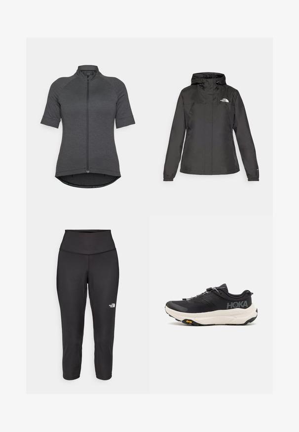 Jachetă impermeabilă neagră cu un design ajustat, glugă cu șnur reglabil și manșete elastice. Prezintă logo pe pieptul stâng și o textură netedă.; Tricou de ciclism cu mânecă scurtă în gri închis, cu fermoar complet pe față, mâneci raglan și tiv curbat din material texturat.; Leggings capri negre din material elastic, cu un talie înaltă și un mic logo alb pe partea stângă. Textură netedă.; Pantofi sport negri cu un superior din plasă respirabilă, talpă din cauciuc, mijloc de amortizare albă și șireturi reflective. Logo-ul Vibram pe talpă.
