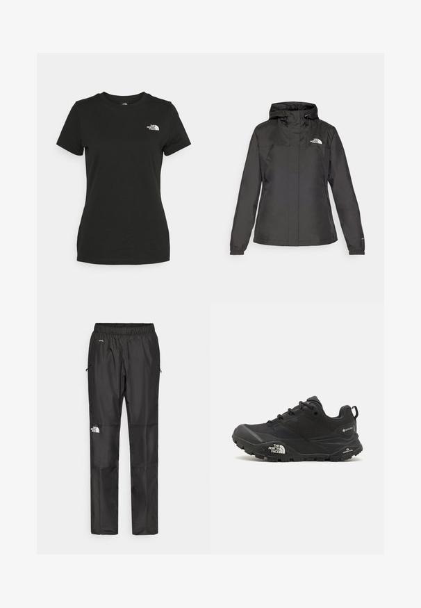 Must värvimata jope, millel on vormitud disain, reguleeritav nööriga kapuuts ja elastsed mansetid. Vasakul rinnal on logo ning jope on sileda tekstuuriga.; Mustvalge puuvillane t-särk, millel on ümber kaeluse lõige ja lühikesed varrukad. Märkimisväärne valge logo vasakul ülal nurgas. Sile tekstuur, mugav lõige.; Mustad veepidavad püksid, mis on valmistatud kergest kangast, elastse vöökoha, küljetaskute ja logo kahel jalal.; Mustad matkajalanõud musta värvi, tekstuurse ülemise osa, paeltega kinnituse ja volüümika kummitald, millel on silmapaistev logo külgedel ja mustrimuster.