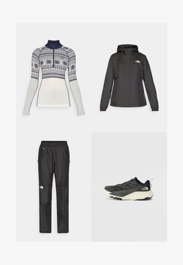 Casaco impermeável preto com design ajustado, capuz com cordão ajustável e punhos elásticos. Apresenta logotipo no lado esquerdo do peito e textura suave.; Kari Traa VILMA - Camisola - off white; Calças pretas à prova d'água feitas de um tecido leve, com cintura elástica, bolsos laterais e um logótipo na perna esquerda.; Shoe atlético preto com um cabedal texturizado, apresentando detalhes em cinza e uma entressola branca. Inclui uma alça e um logótipo da marca em destaque no calcanhar.