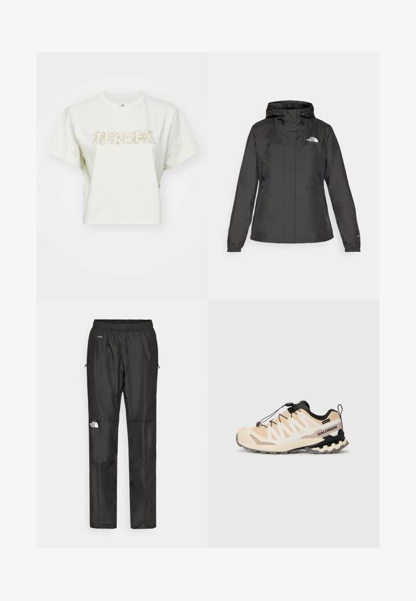 Schwarze wasserdichte Jacke mit figurschmeichelndem Design, verstellbarem Zugkordel-Kapuzen und elastischen Bündchen. Mit Logo auf der linken Brust und glatter Textur.; Kragenweißes Cropped-T-Shirt aus Baumwolle mit einem hellbeigen grafischen Schriftzug, der Naturelemente zeigt und "TERREX" liest. Kurze Ärmel, runder Halsausschnitt.; Schwarze wasserdichte Hose aus leichtem Material, mit elastischem Bund, Seitentaschen und einem Logo am linken Bein.; Salomon Trailrunning-Schuh in Beige mit schwarzen Akzenten, ausgestattet mit einem Mesh-Obermaterial, einem Schnellschnürsystem und einer robusten Außensohle für guten Grip.