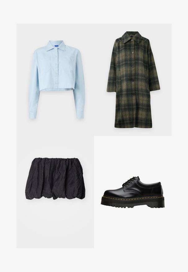 Grønternet frakke med spids krave, fem sorte knapper og design i midtlængde. Fremstillet af tekstureret stof med vandrette striber.; Sort oversized sweatshirt med rund hals og lange ærmer, vist mod en hvid baggrund. Simpelt og afslappet design.; Lyseblå cropped skjorte lavet af blødt bomuld. Har spids krave, frontlukning med knapper, to brystlommer og hjertebroderi på den ene lomme.; Sort, krøllet stoftop med elastisk talje, der har en struktureret overflade og sammensunket design for en voluminøs form.; Sorte læder snørebåndssko med en tykk, tandet sort gummisål og gul syning langs kanten, med en glat overflade.