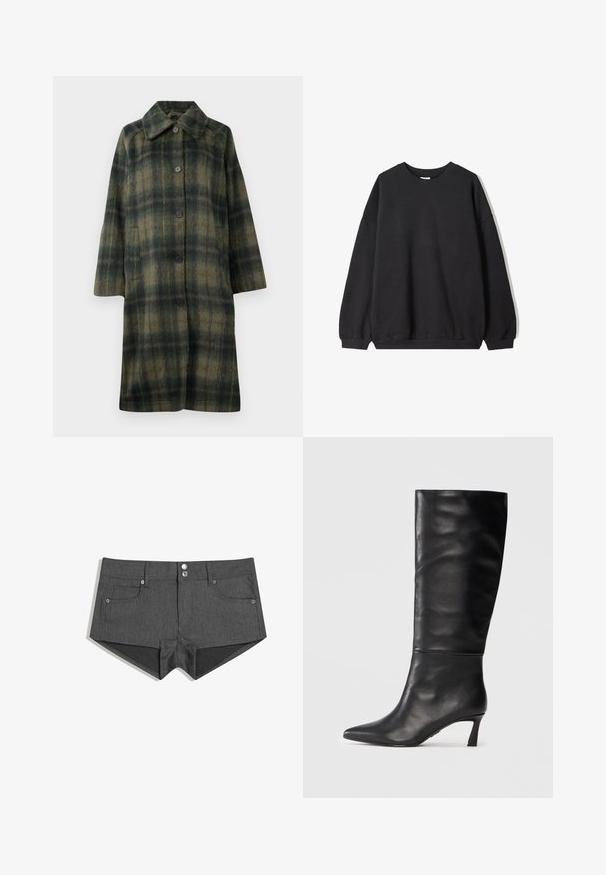 Groene geruite jas met een notch-kraag, vijf zwarte knopen en een middellange ontwerp. Gemaakt van een gestructureerde stof met horizontale strepen.; Zwarte oversized sweatshirt met een ronde hals en lange mouwen, weergegeven tegen een witte achtergrond. Eenvoudig en casual ontwerp.; Grijze denim shorts met twee voorzakken, dubbele knopen aan de voorkant en een getailleerd ontwerp. De stof heeft een gladde textuur.; Zwarte leren kniehoge laars met een puntige neus en een slanke hak. Gladde textuur met een naadloos ontwerp en een gepolijste afwerking.