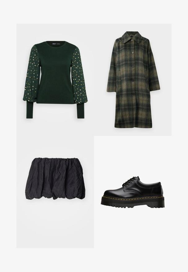 Roheline ruuduline mantel, millel on soonikkoes krae, viis musta nuppu ja keskmise pikkusega disain. Valmistatud tekstureeritud kangast, millel on horisontaalsed triibud.; Roheline pikakäistega pluus tekstureeritud kehaga ja puhv mõjutustega, millel on hajutatud kuldsed laigu mustrid. Ümmargune kaelus ja läikivad mansetid.; Must have rakkudest valmistatud must topp, millel on elastne vöökoht, tekstureeritud pind ja kogumisega disain, et luua volüümikas kuju.; Mustan nahast lace-up kingad, millel on paks, sakiline must kummitald ja kollane õmblus ääres, millel on sile viimistlus.