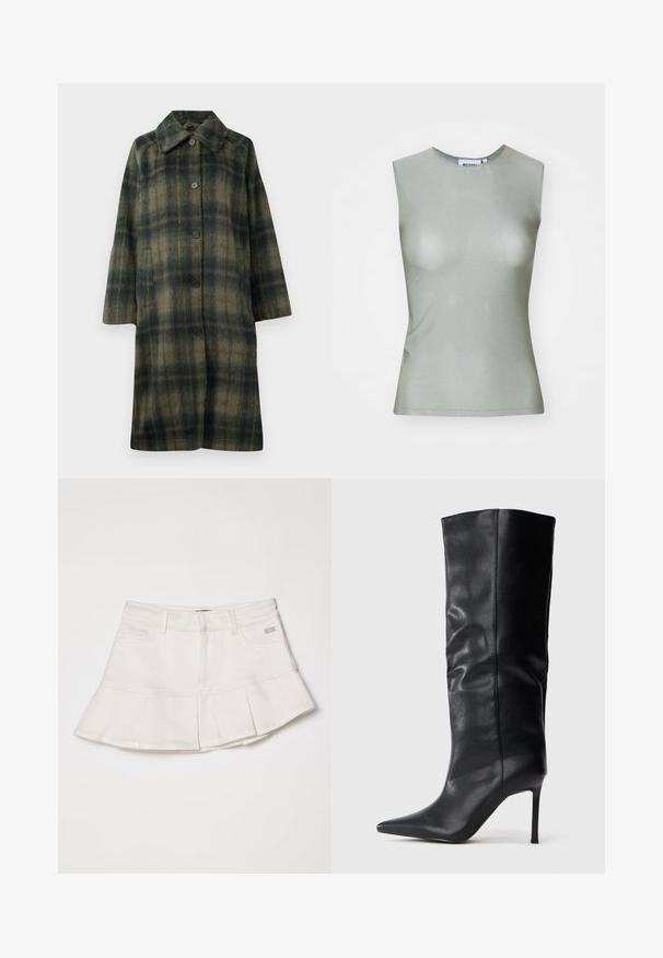 Zelený károvaný kabát s výstrihom do "V", piatimi čiernymi gombíkmi a strednou dĺžkou. Vyrobený z textúrovanej tkaniny s horizontálnymi pruhmi.; Bezrukávový svetlozelený top vyrobený z hladkej látky, s vysokým golierom a priliehavým strihom. Žiadne viditeľné kovanie ani vzory.; Biely denim sukňa s priliehavým pásom a rozšíreným plisovaným lemom. Obsahuje predné vrecká a malý detail loga na páse.; Čierne kožené čižmy po kolená s špicatou špičkou a tenkým vysokým podpätkom na jednoduchom bielom pozadí.