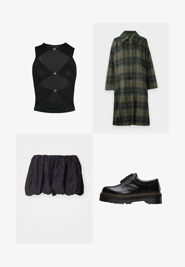 Grüner karierten Mantel mit Reverskragen, fünf schwarzen Knöpfen und mittellangem Design. Hergestellt aus strukturiertem Stoff mit horizontalen Streifen.; Schwarzes ärmelloses Oberteil mit einer taillierten Passform. Verfügt über ausgeschnittene Bereiche und dekorative metallische Hardware in der Mitte und an den Seiten. Weicher Stoff.; Schwarzes, gewelltes Stoffoberteil mit einem elastischen Bund, das eine strukturierte Oberfläche und ein gerafftes Design für eine voluminöse Form aufweist.; Schwarzer Leder-Schnürschuh mit einer dicken, gezahnten Gummisohle in Schwarz und gelben Nähten entlang der Kante, mit einer glatten Verarbeitung.