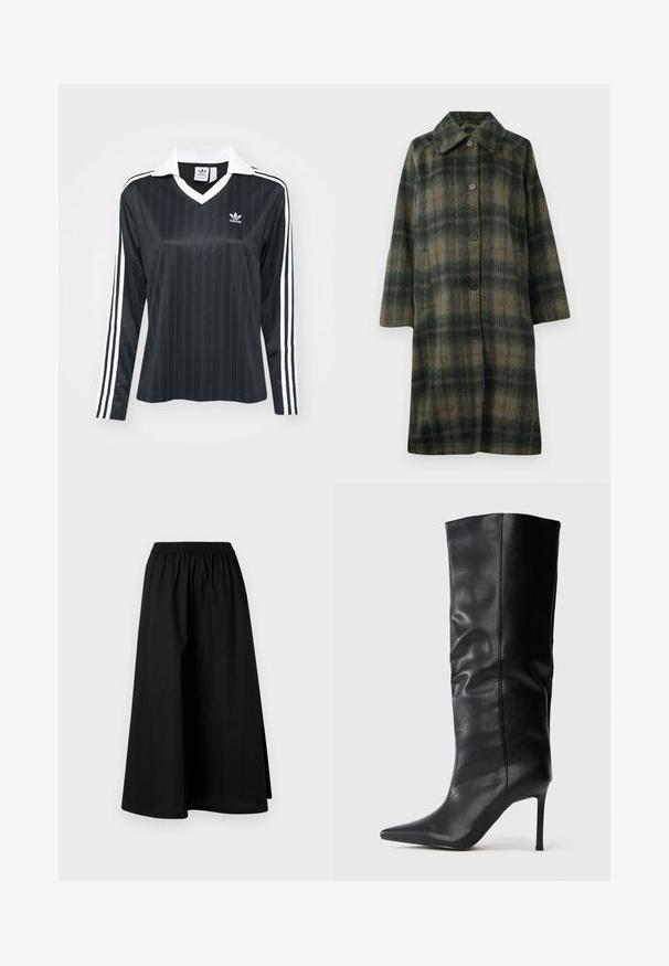 Green plaid coat with a notched collar, five black buttons, and a mid-length design. Made of textured fabric with horizontal stripes.; Black long-sleeve shirt with a white collar, vertical texture, and three white stripes along each sleeve. Features an embroidered logo.; Black, knee-length skirt made of lightweight material with an elastic waistband and a relaxed, A-line silhouette. Features no visible patterns.; Black knee-high leather boot with a pointed toe and thin high heel against a plain white background.