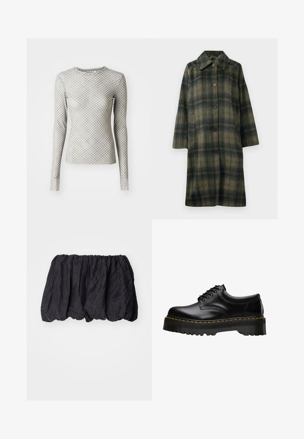 Casaco xadrez verde com colarinho em ponta, cinco botões pretos e design de comprimento médio. Feito de tecido texturizado com riscas horizontais.; Camisola de mangas longas em cinza claro com um padrão geométrico de losangos em cinza escuro e acentos em verde, apresentando um decote redondo e um corte ajustado.; Top de tecido enrugado preto com um cós elástico, apresentando uma superfície texturizada e um design franzido para uma forma volumosa.; Sapat shoe de couro preto com atacadores, possuindo uma sola de borracha preta espessa e serrilhada e costura amarela ao longo da borda, apresentando um acabamento liso.