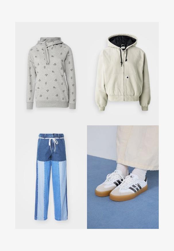 Hooded zippers jakas gaiši bēšā kokvilnā; melna iekšpuse ar kviltingu, regulējami šņorēšanas auklas, divas priekšējās kabatas un elastīgas aproces.; Pelēks džemperis ar kapuci. Iekļauta maza melna ziedu izšuvuma, ribotas piedurknes un aukla ap kakla daļu. Mīksta, ikdienišķa auduma.; Zilā džinsa bikses ar pārlikuma dizainu, kas sastāv no dažādiem zilās krāsas toņiem, ar auklu jostu un brīvām, taisnām kājām.; Baltas sporta apavi ar melnām svītrām un beisīgo zamšādu akcentiem. Ievies struktūrētu gumijas zoli un izkārtotas baltas šnerves, valkāti ar gaišiem zeķēm.