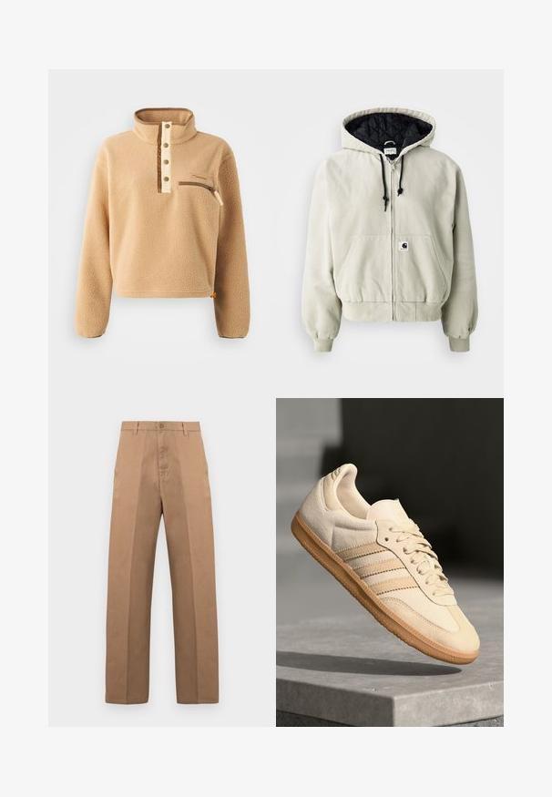 Chaqueta con capucha y cremallera en algodón beige claro; interior acolchado negro, cordones ajustables, dos bolsillos frontales y puños elásticos.; Pulóver de forro polar beige con un alto cuello, tapeta de medio botón y un bolsillo con cremallera en el pecho izquierdo. Tejido texturizado con acentos marrones.; Pantalones de algodón marrones con diseño de pierna recta, con cierre de botón, trabillas para cinturón y costuras mínimas para una apariencia limpia.; Zapatillas de ante beige claro con suela de goma, tres rayas diagonales y una puntera texturizada. Presenta el logo en la lengüeta y en el lateral.