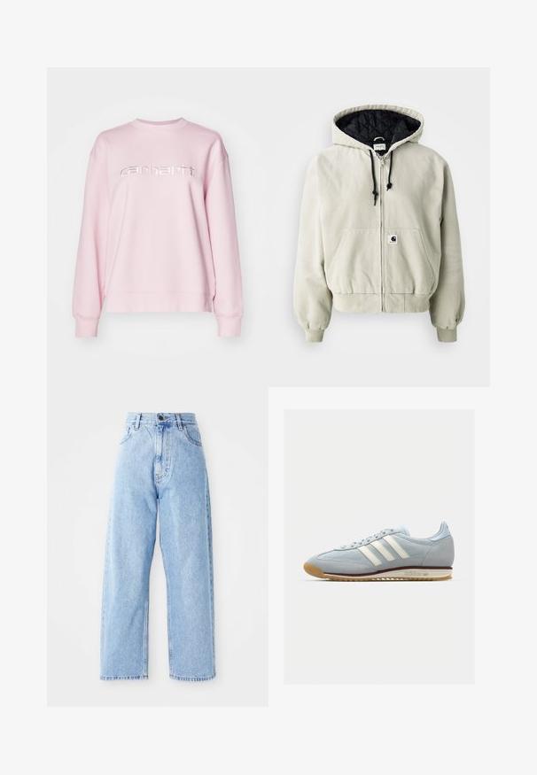 Kapucnis cipzáras dzseki világos bézs színű pamutból; steppelt fekete béléssel, állítható zsinórokkal, két elülső zsebbel és rugalmas mandzsettákkal.; Világos rózsaszín pulóver, kerek nyakkivágással, hosszú ujjakkal és fényes ezüst "carhartt" logóval a mellen. Puha anyag, laza fazon.; Magas derekú világoskék farmernadrág egyenes széles lábakkal, elülső gombbal, cipzáros záródással, valamint elülső és hátsó zsebekkel.; Világoskék velúr sneaker fehér három csíkkal, gumitalppal és texturált hálós anyaggal. Jellemzője a sima orr-rész és a logó a saroknál.