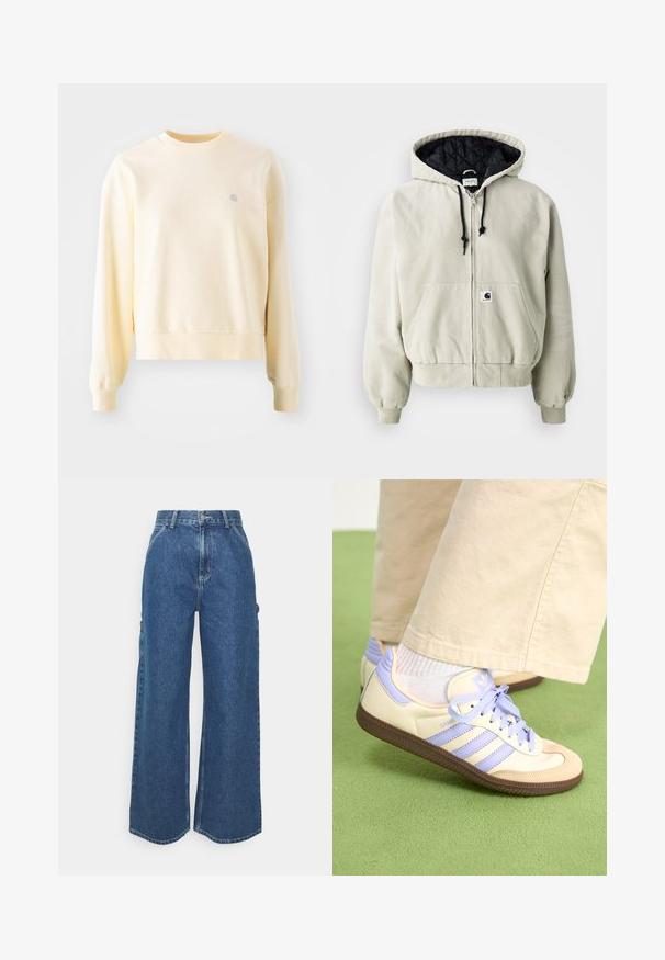 Hooded zip jacket in light beige cotton; quilted black interior, adjustable drawstrings, two front pockets, and elastic cuffs.; Light yellow sweatshirt with long sleeves, crew neckline, ribbed cuffs, and a small logo on the chest. Made from soft, textured fabric.; Wide-leg blue denim trousers with a high waist, contrasting stitching, and side pockets, featuring a classic five-pocket design and raw hems.; Cream and lavender sneakers with three stripes and a textured brown sole, featuring laces and a padded heel. Soft fabric upper.