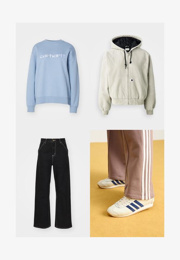 Capuchon ritsjack in lichtbeige katoen; gewatteerde zwarte binnenkant, verstelbare trekkoorden, twee voorkruiingen en elastische manchetten.; Carhartt WIP Sweater - misty sky/white; Zwarte wijde jeans van denim, met contrasterende witte stiksels en een sluiting met knoop aan de voorkant, voorzien van twee schuin geplaatste zakken aan de voorkant.; Creatieve sneakers met blauwe suède strepen, witte veters en een rubberen zool. Gecombineerd met grijze trainingsbroeken met witte zijkanten.