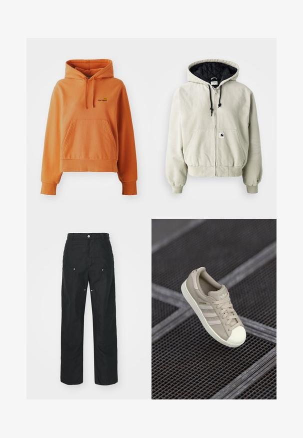 Kapuci puuduv fliisjakke heledas beežis puuvillas, musta tikandiga vooder, reguleeritavad nöörid, kaks esimest taskut ja elastsed varrukad.; Kohvris oranž puuvillane kapuutsiga sviiter, millel on ees tasku, ribadeta varrukad ja alläär, reguleeritav tõmbunööriga kapuuts ning tikandiga logo detail rinnal.; Mustad püksid sirge säärega, valmistatud tekstuurses kangas. Dekoratiivsed hõbedased detailid ja ainulaadne õmblusteenus.; Bež Adidase Superstar tennis, mille tekstuuriga nahast ülemine osa, kolm külgmist triipu, ümmargune varbapea ning logo keele ja kontsaplaanil.