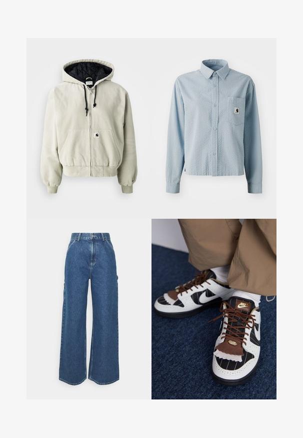 Švarkas su gobtuvu, užtrauktuku, šviesiai bežinės spalvos medvilnės; juoda pagalvėlė viduje, reguliuojamos raišteliai, kišenės priekyje ir elastiniai rankogaliai.; Šviesiai mėlynas, ilgomis rankovėmis, mygtukais užsegamas marškinis su tekstūruotu raštu, krūtinės kišenė ir prekės ženklo etiketė kišenėje. Pagamintas iš audinio.; Plačios mėlynos džinsinės kelnes su aukštu juosmeniu, kontrastingais siūlais ir šoninėmis kišenėmis, turinčios klasikinį penkių kišenių dizainą ir brutalius kraštus.; Nike sportbačiai su baltais, juodais ir rudais medžiagų deriniais. Išsiskiria tekstūruota rudą kraštinė, juostelės dizainu ir tradiciniu raištelių užrišimu su aukso akcentais.