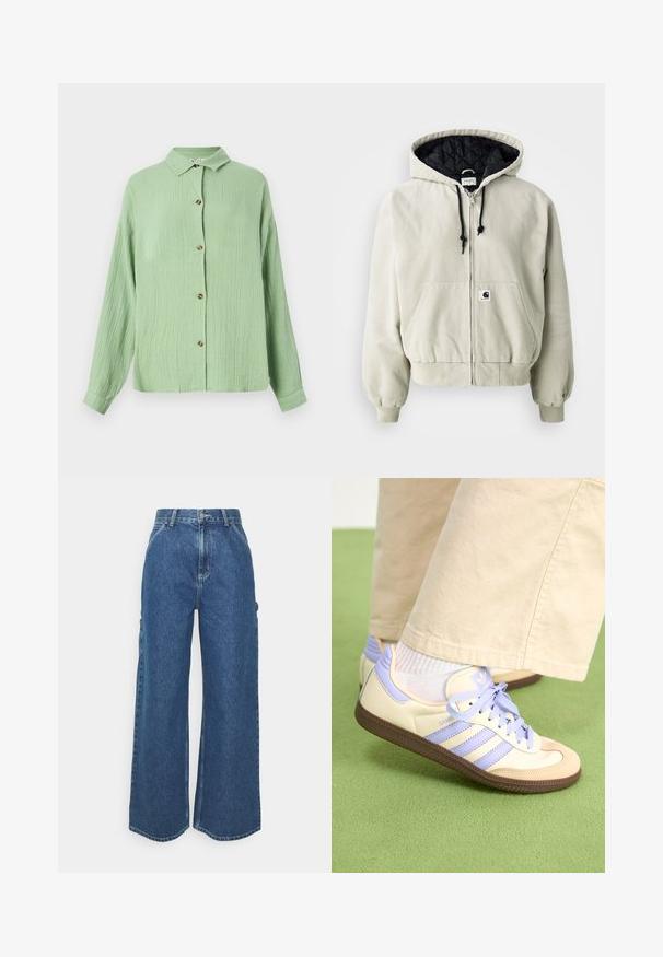 Jakna s kapuljačom na patentni zatvarač u svijetlo bež pamuku; podstava u crnoj jastučnoj tkanini, podesive vrpce, dva prednja džepa i elastične manšete.; Svijetlozelena košulja s kragnom, dugih rukava, od teksturirane tkanine, s smeškastim dugmadi sprijeda. Casual kroj i mekani završetak.; Široke plave traperice s visokim strukom, kontrastnim šavovima i bočnim džepovima, s klasičnim dizajnom s pet džepova i sirovim rubovima.; Kremasto-ljubičaste tenisice s tri pruge i strukturiranim smeškim potplatom, s vezicama i podstavljenim petom. Mekana gornja tkanina.
