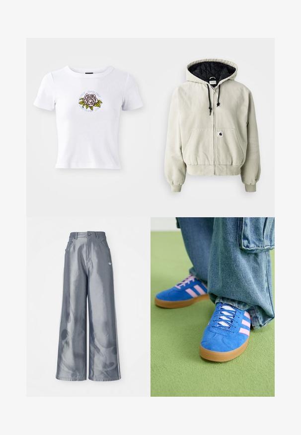 Hooded zip jacket in light beige cotton; quilted black interior, adjustable drawstrings, two front pockets, and elastic cuffs.; White short-sleeve t-shirt with fitted design, featuring a centered embroidered rose graphic and circular text around the flower.; Wide-leg pants in shiny gray material, featuring white side stripes and a flame pattern on the lower legs. Button and zipper closure at the waist.; Blue suede shoes with pink stripes and white laces, featuring a gum rubber sole, paired with loose denim pants on a green surface.