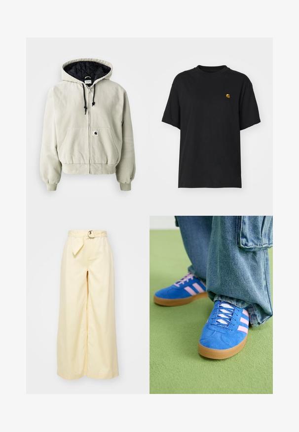 Jakna s kapuljačom na patentni zatvarač u svijetlo bež pamuku; podstava u crnoj jastučnoj tkanini, podesive vrpce, dva prednja džepa i elastične manšete.; Crna pamučna majica s opuštenim krojem. Ima okrugli izrez i kratke rukave. Sadrži mali zlatni izvezeni logo na prsima.; Svijetložuti široki hlače s remenom u struku, izrađene od pamuka. Imaju elegantan prednji dizajn i suptilne detalje šivanja.; Plave zamšne cipele s ružičastim prugama i bijelim vezicama, s gumenim potplatom, u kombinaciji s širokim trapericama na zelenoj podlozi.
