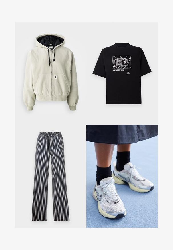 Casaco com capuz em algodão bege claro; interior acolchoado preto, cordões ajustáveis, dois bolsos frontais e punhos elásticos.; T-shirt preta feita de algodão com mangas curtas. Apresenta uma gravação de teia de aranha branca e um logótipo na parte da frente. Possui um decote simples em forma redonda.; Calças listradas em azul-marinho e branco com cintura elástica, pernas largas e detalhe em logo bordado no quadril esquerdo frente.; Sapatilhas Nike brancas e prateadas com tecido em malha, detalhes refletivos e sola bege. Usadas com meias pretas, de pé sobre uma superfície azul.