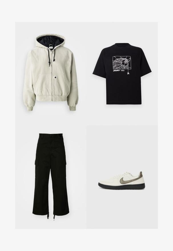 Jachetă cu fermoar cu glugă din bumbac bej deschis; interior căptușit negru, șnururi ajustabile, două buzunare frontale și manșete elastice.; Tricou negru din bumbac, cu mâneci scurte. Dispune de un grafic alb cu o pânză de păianjen și un logo pe față. Guler simplu, rotund.; Pantaloni cargo negri din bumbac, cu picioare late, buzunare laterale și tivuri cu șnur. Designul include o închidere cu nasture la talie.; Nike Sportswear FIELD GENERAL - Sneakers low - off-white/black