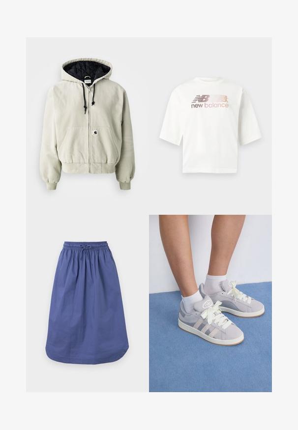 Mikina s kapucí na zip v světle béžové barvě z bavlny; prošívaný černý interiér, nastavitelné šňůrky, dvě přední kapsy a elastické manžety.; Bílé tričko s krátkým rukávem z bavlny, s přechodem loga v růžové a šedé barvě a textem "new balance" pod logem.; Modrá bavlněná sukně s elastickým pasem a šňůrkou na stažení. A-liniový tvar, délka po kolena, hladká textura, bez vzorů nebo akcentů.; Šedé semišové tenisky s bílými tkaničkami a gumovou podrážkou, s třemi šikmými pruhy po straně a logem na jazyku.