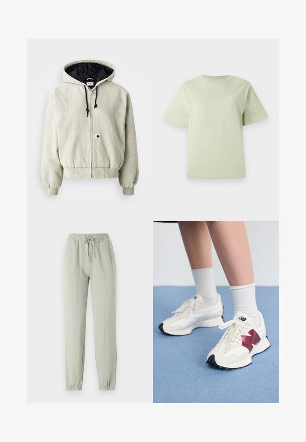 Huppari vetoketjulla vaaleanbeige puuvillasta; musta vuori on tikattu, säädettävät nauhat, kaksi etutaskua ja elastiset hihansuut.; Vihreä puuvillainen t-paita, jossa on ympyräkaula-aukko, lyhyet hihat ja pyöreä graafinen printti rinnassa. Pehmeä rakenne, rento malli.; Vaaleanvihreät collegehousut, joissa on joustava vyötärö, säädettävä naru ja kapenevat hihnat. Siinä on pystysaumadetaljit edessä.; Pari valkoisia tennareita, joissa on maroon-väriset yksityiskohdat, teksturoituja paneleita, litteä musta pohja ja vaaleat nauhat, käytettyinä valkoisten nilkkasukkien kanssa.