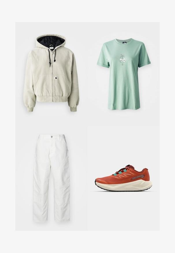 Jakna s kapuljačom na patentni zatvarač u svijetlo bež pamuku; podstava u crnoj jastučnoj tkanini, podesive vrpce, dva prednja džepa i elastične manšete.; Svijetlozelena pamučna majica s kratkim roliranim rukavima, s centralnom grafikom biljke u okrugloj saksiji, logotipom na donjem prednjem dijelu.; Bijele cargo hlače od denima, s opuštenim krojem, bočnim džepovima i vidljivim detaljima šivanja. Jednostavna prednja strana s kopčanjem na dugme.; Crvene trkaće tenisice s teksturiranim gornjim dijelom, mrežastim panelima i tirkiznim naglascima. Imaju udoban bijeli međusloj i crnu gumenu potplatu.
