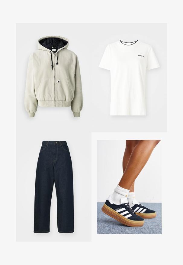 Kapucnis cipzáras dzseki világos bézs színű pamutból; steppelt fekete béléssel, állítható zsinórokkal, két elülső zsebbel és rugalmas mandzsettákkal.; Fehér pamut póló rövid ujjakkal és kerek nyakkivágással. A mellkason egy fekete Adidas logó található, valamint kontrasztos fekete belső gallér.; Sötétkék farmer széles szárú nadrág magas derékkal. Elülső zsebekkel és hagyományos varrással rendelkezik. Simma textúra, egyenes fazon.; Fekete velúr sportcipő fehér csíkokkal és díszítésekkel, lekerekített orral, gumitalpú külső résszel, fehér bordázott bokazoknival párosítva.