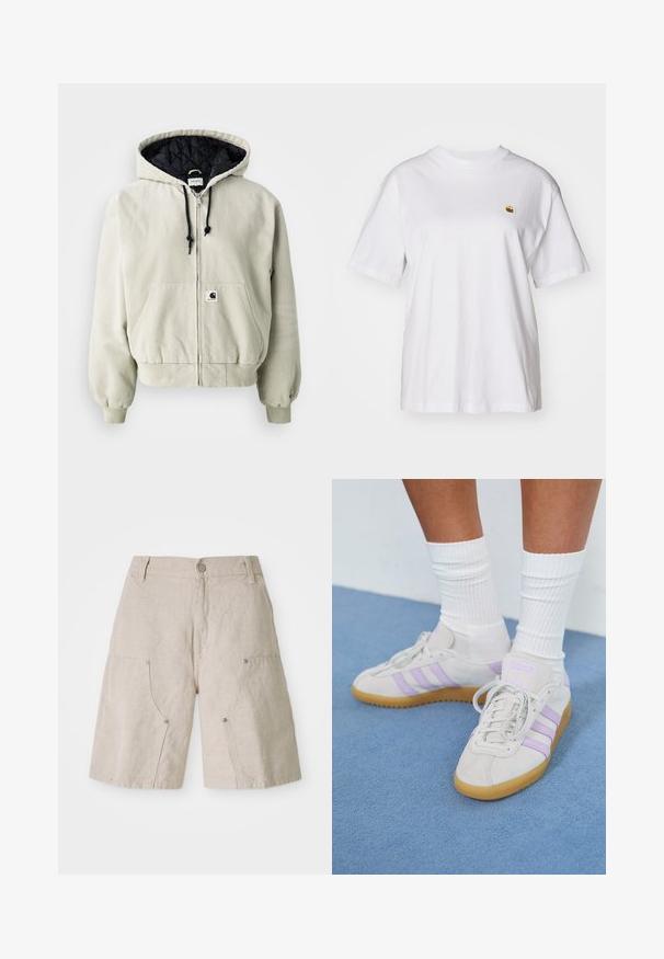 Chaqueta con capucha y cremallera en algodón beige claro; interior acolchado negro, cordones ajustables, dos bolsillos frontales y puños elásticos.; Camisa de algodón blanca con corte relajado, mangas cortas y un pequeño logotipo bordado en el área del pecho izquierdo.; Bermudas de lino beige con un corte relajado, que cuentan con dos bolsillos frontales y acentos metálicos circulares. Diseño casual con un acabado texturizado.; Zapatillas de ante gris claro con tres rayas lilas, suela de goma, cordones planos y calcetines blancos de canalé. Fondo azul.