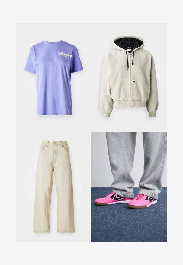 Kapuci puuduv fliisjakke heledas beežis puuvillas, musta tikandiga vooder, reguleeritavad nöörid, kaks esimest taskut ja elastsed varrukad.; Lilla puuvillane T-särk, millel on ümmargune kaelus, lühikesed varrukad ja ees prinditud valge "ellesse" logo tekst. Sile tekstuur.; Laia teksaarid heledas beežis, ees taskutega, kõrge vöökohaga ning peente õmbluste detailidega. Valmistatud tekstureeritud teksariidest.; Roosa spordijalatsid mustade aktsentidega, nööpidega disain ja kummist tallad. Hallid dressipüksid katavad osaliselt jalatseid, asetatud sinisele vaipkattale.