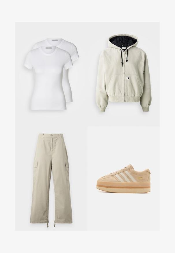 Kapuci puuduv fliisjakke heledas beežis puuvillas, musta tikandiga vooder, reguleeritavad nöörid, kaks esimest taskut ja elastsed varrukad.; Kaks valget puuvillast T-särki lühikeste varrukatega, ümarate kaelustega ja kitseneva siluetiga, millel on sujuv tekstuur ja minimalistlik disain.; Heledad beez cargo püksid lõdva istuvusega, nupuvajutusega kinnitamine, küljetaskud ja reguleeritav äär sidemetega. Sile kangatekstuur.; Bež nubukist platvorme kindad valgete kolme triibuga, ümmargune varvas ja beez kummitald, millel on külgedel kuldne logoaksent.