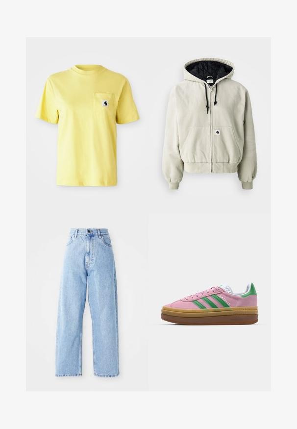 Giacca con zip con cappuccio in cotone beige chiaro; interno trapuntato nero, cordini regolabili, due tasche frontali e polsini elastici.; T-shirt in cotone giallo con maniche corte, scollatura rotonda e tasca frontale con un patch logo nero. Texture liscia, design casual.; Jeans in denim azzurro chiaro a vita alta con gambe larghe e dritte, chiusura frontale con bottone e zip, e tasche anteriori e posteriori.; Sneakers in suede rosa con strisce verdi, dettagli bianchi e suola in gomma marrone. Presentano un tessuto testurizzato e un logo sulla parte laterale.