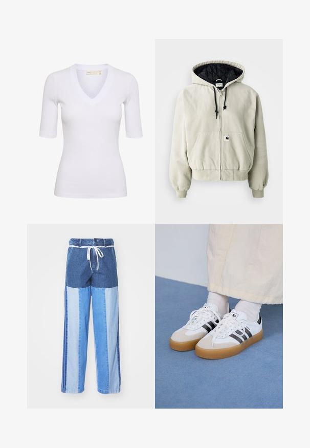 Kapuci puuduv fliisjakke heledas beežis puuvillas, musta tikandiga vooder, reguleeritavad nöörid, kaks esimest taskut ja elastsed varrukad.; Valge ribakujuline lühikeste varrukatega särk V-kaelusega. Kanga pind on sile, kuju istuv ja olemas on minimaalne bränding ääres.; Sinised teksapüksid, millel on erinevatest sinistest toonidest kokku õmmeldud mustriga, paelavöö ja laiad, sirged sääred.; Valged tossud mustade triipudega ja beeži nahaga aktsentidega. Omavad tekstuuriga kummist talla ja lamedaid valgeid paelu, kantud heledate sokkidega.