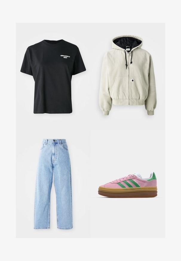 Hooded zip jacket in light beige cotton; quilted black interior, adjustable drawstrings, two front pockets, and elastic cuffs.; Black cotton t-shirt with a round neckline and short sleeves. Features a white graphic logo on the left chest area.; High-waisted light blue denim jeans with straight wide legs, front button, zipper closure, and front and back pockets.; Pink suede sneakers with green stripes, white accents, and a brown rubber sole. Features textured fabric and logo detailing on the side.