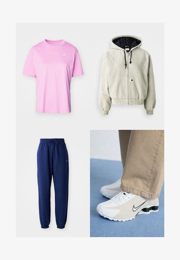 Giacca con zip con cappuccio in cotone beige chiaro; interno trapuntato nero, cordini regolabili, due tasche frontali e polsini elastici.; Jordan TEE - T-shirt basic - orchid; Pantaloni della tuta blu navy realizzati in tessuto morbido, con vita elasticizzata regolabile tramite cordino, polsini elasticizzati e un piccolo logo bianco.; Sneaker Nike bianchi e beige con design perforato, logo swoosh nero, parte superiore testurizzata e distintivo tallone nero elastico.