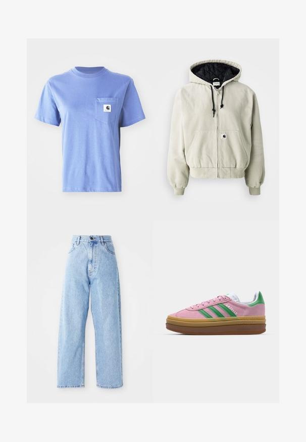 Kapitánka na zips v svetlo béžovej bavne; prešívaný čierny interiér, nastaviteľné šnúrky, dve predné vrecká a elastické manžety.; Světlemodré bavlněné tričko s kulatým výstřihem, krátkými rukávy, náprsní kapsou a malou nášivkou na kapse.; Džínsy s vysokým pásom svetlo modrej farby, rovné široké nohavice, predný gombík, zips a predné aj zadné vrecká.; Ružové semišové tenisky so zelenými pruhmi, bielymi akcentmi a hnedou gumovou podrážkou. Obsahujú textúrovanú tkaninu a logo na boku.