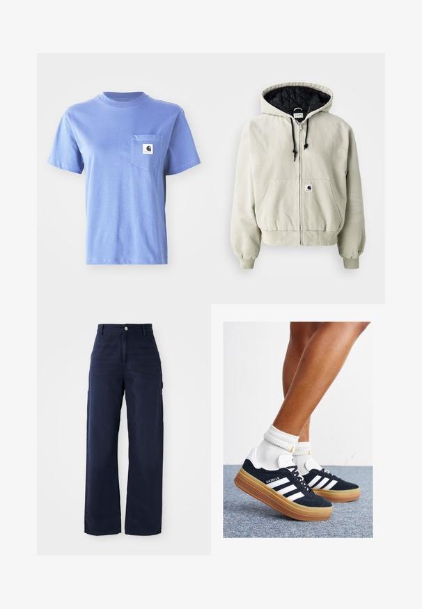 Kapuci puuduv fliisjakke heledas beežis puuvillas, musta tikandiga vooder, reguleeritavad nöörid, kaks esimest taskut ja elastsed varrukad.; Hele sinine puuvillane T-särk, millel on ümmargune kaelus, lühikesed varrukad, rinnaüst ja väike logo silt taskul.; Tumed sinised laiad cargo püksid, valmistatud vastupidavast puuvillakangast, küljetaskute ja nup closure'iga vööl.; Mustad seemisnahast tossud valgete triipude ja detailidega, ümarate varbassosadega, kummist välistallaga, paaritatud valgete soonikuliste meessokkidega.