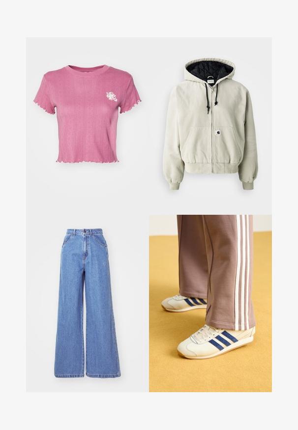 Huppari vetoketjulla vaaleanbeige puuvillasta; musta vuori on tikattu, säädettävät nauhat, kaksi etutaskua ja elastiset hihansuut.; Vaaleanpunainen lyhythihainen t-paita, jossa on ribbitekstuuri ja halkoitetut reunat. Vasemmassa rinnassa valkoinen kukkakirjonta. Kevyt kangas.; adidas Originals Straight leg -farkut - light denim; Kreemi kengät sinisillä mokkanahka raidoilla, valkoisilla nauhoilla ja kumipohjalla. Yhdistetty harmaisiin verkkareihin, joissa on valkoiset sivuraidat.
