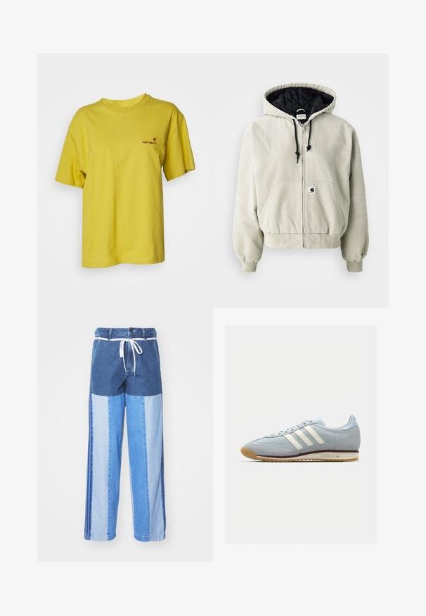 Hættezip-jakke i lys beige bomuld; kviltet sort inderside, justerbare snore, to forlommer og elastiske manchetter.; Carhartt WIP AMERICAN SCRIPT - T-shirts basic - golden olive; Blå denimbukser med et patchwork-design i forskellige nuancer af blå, snor i taljen og løse, lige ben.; Lyseblå ruskinds sneaker med hvide tre striber, gummisål og tekstureret mesh. Har en glat tåhætte og branding på hælen.