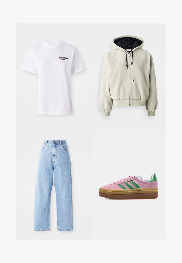 Huppari vetoketjulla vaaleanbeige puuvillasta; musta vuori on tikattu, säädettävät nauhat, kaksi etutaskua ja elastiset hihansuut.; Valkoinen lyhythihainen pyöreäkauluksinen t-paita, jossa on pieni musta ja purppura Carhartt WIP -logo vasemmassa rinnassa.; Vaaleansiniset korkeavyötäröiset farkut, joissa on suorat leveät lahkeet, edessä nappi ja vetoketju, sekä etu- ja takataskut.; Vaaleanpunaiset mokkanahkakengät, joissa on vihreät raidat, valkoiset yksityiskohdat ja ruskea kumipohja. Sisältää tekstuurillista kangasta ja logoyksityiskohtia sivulla.