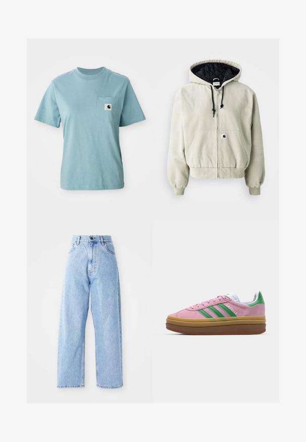 Jachetă cu fermoar cu glugă din bumbac bej deschis; interior căptușit negru, șnururi ajustabile, două buzunare frontale și manșete elastice.; Tricou din bumbac de culoare albastru deschis, cu mânecă scurtă, cu un buzunar pe piept, având un mic patch cu logo-ul Carhartt alb-negru.; Jeans din denim ușor albastru, cu talie înaltă, picioare drepte și late, cu închidere prin nasture și fermoar, și buzunare în față și în spate.; Sneakers din suede roz cu dungi verzi, accente albe și o talpă din cauciuc brun. Prezintă un material texturat și detalii cu logo pe lateral.