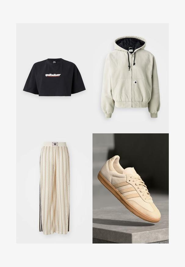 Švarkas su gobtuvu, užtrauktuku, šviesiai bežinės spalvos medvilnės; juoda pagalvėlė viduje, reguliuojamos raišteliai, kišenės priekyje ir elastiniai rankogaliai.; Juodas trumpas marškinėliai, trumpomis rankovėmis, pagaminti iš medvilnės. Priekyje yra baltas ir raudonas "Quiksilver Boarding Company" logotipas.; Grietos spalvos plačios kelnės su zigzagų raštu, turinčios juodą logotipo juostą ir šonines juodas juosteles. Lengvas, tekstūruotas audinys.; Šviesiai ruda veliūrinė sportinė avalynė su guminiais padais, trimis įstrižomis juostelėmis ir tekstūruotu pirštų apsauginiu. Ant liežuvio ir šono yra logotipas.