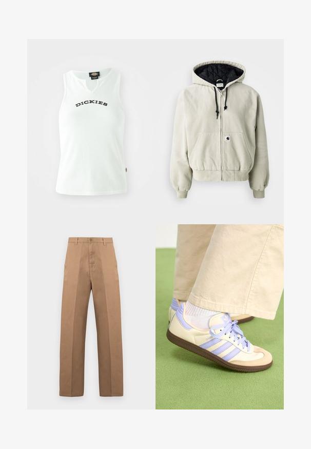 Jakna s kapuljačom na patentni zatvarač u svijetlo bež pamuku; podstava u crnoj jastučnoj tkanini, podesive vrpce, dva prednja džepa i elastične manšete.; Bijela rebrasta majica bez rukava s V-izrezom, na kojoj se na prsima ističe riječ "DICKIES" u debelim crnim slovima.; Smeđe pamučne hlače ravnog kroja, s kopčanjem na gumb, petljama za remen i minimalnim šavovima za čist izgled.; Kremasto-ljubičaste tenisice s tri pruge i strukturiranim smeškim potplatom, s vezicama i podstavljenim petom. Mekana gornja tkanina.