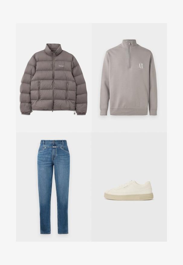 Sivi jastučić jakna s visokim ovratnikom, prednjim zatvaračem i dva bočna džepa na zatvarač. Glatka tekstura s kvadratnim uzorkom i detaljima s logotipom.; Svijetlosivi pulover s četvrtim zatvaračem izrađen od mekog materijala, s malim bijelim logotipom na prsima i elastičnim manžetama i rubom.; Plave traperice visokog struka ravnog kroja s prednjim džepovima, petljama za remen, zatvaranjem na dugme i suptilnim detaljima izbljeđenja.; Bijele platnene tenisice s teksturiranom gumenom potplatom, s ušivenim vrhom i logom na peti. Jednostavan model za vezanje.