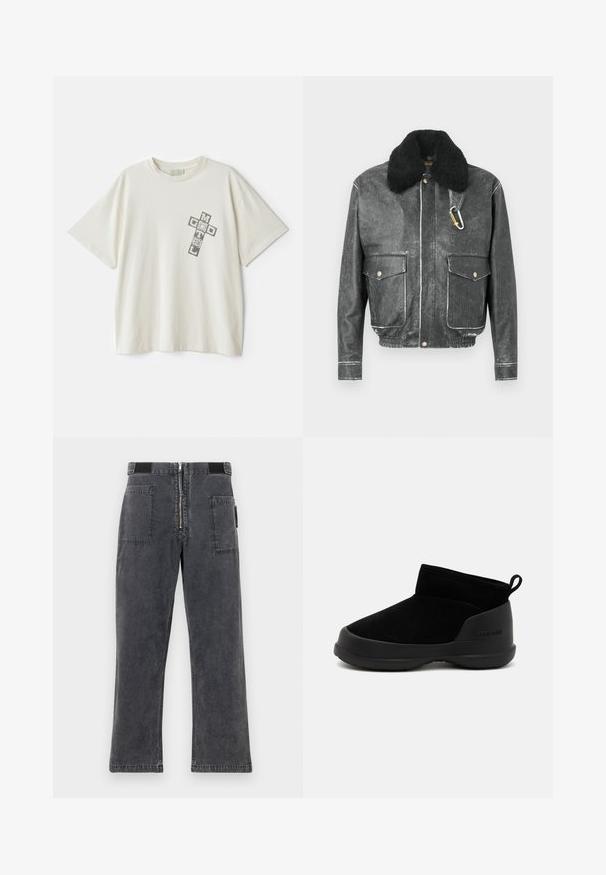 Melnā ādas jaka ar mākslīgā kažokāda apkakli, divām priekšējām kabatām, baltām šuvēm un karabīnera aksesuāru.; Krēmkrāsas kokvilnas t-krekls ar īsām piedurknēm; tam ir grafiska apdrukā ar uzrakstiem "MOTEL" un "GOD", kas sakārtoti krustā uz kreisā krūts.; Tumši pelēki džinsu bikses ar taisnu kāju dizainu, ar priekšējo rāvējslēdzēju, elastīgu jostu un divām lielām kabatām sānos.; Melnas potītes zābaki ar gludu zamša augšdaļu un gumijas zoli, ar minimālistisku dizainu un vilkšanas cilpu aizmugurē vieglākai uzvilkšanai.